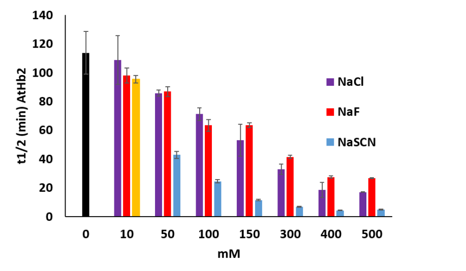 Half life time of the autoxidation rates of AtHb2 (8 µM) in the presence of NaF, NaCl and NaSCN at the concentration shown in the figure. The black bars represent the control sample: proteins without anions.