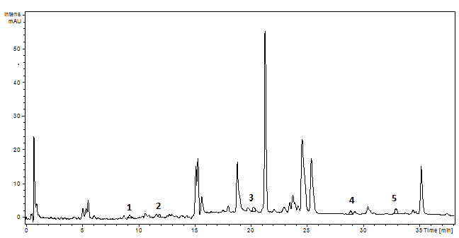The HPLC chromatogram of the P. sempervirens extract (1-p coumaric acid, 2- ferulic acid, 3- rutin, 4- luteolin, 5- apigenin)1