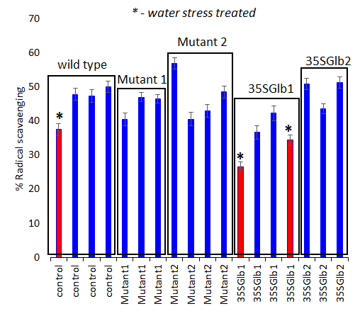 Antioxidant activity determination (using ABTS bleaching assay, 10 minutes’ reaction time) of the studied chromatographically analysed samples. Water submersed treated samples have significantly lower activity (red coloured).